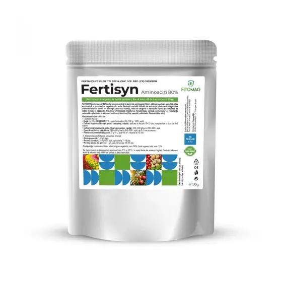 Disponibil imediat Biostimulator organic Fertisyn Aminoacizi 80%, 50 g, aplicare foliara si fertigare, legume, pomi, vita de vie