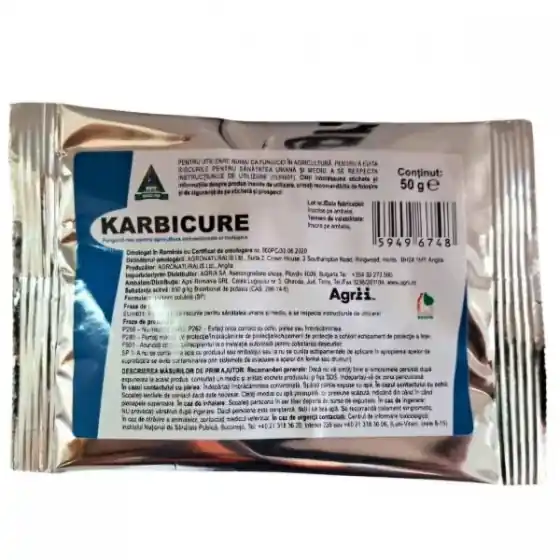 Lichidare de stoc Fungicid utilizat in combaterea unui spectru larg de boli precum fainarea care apare frecvent la vita de vie si legume, precum si boli ca rapanul, monilioza, Karbicure, 50 g