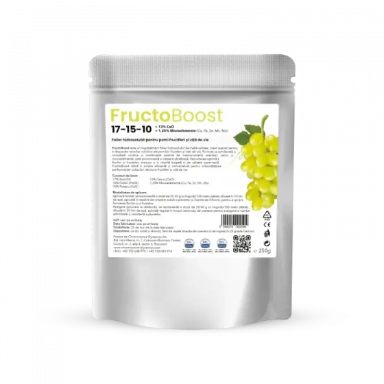Ingrasamant foliar hidrosolubil pentru pomi fructiferi si vita de vie, 17-15-10 + 13% CaO + 1,25% Microelemente (Cu, Fe, Zn, Mn, Mo), FructoBoost, 250 g Cel mai vândut
