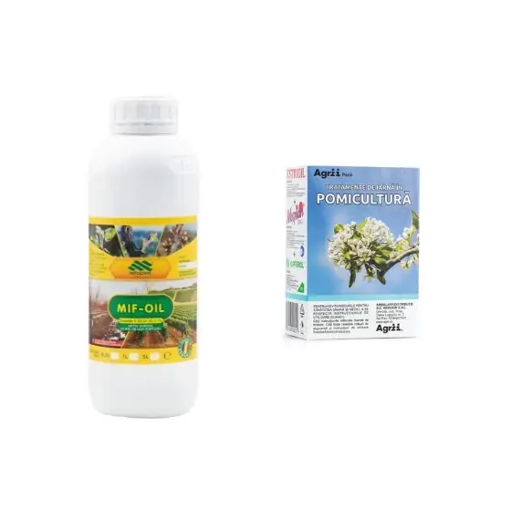 Reducere extra Pachet tratament de iarna pentru pomicultura, pentru 10 litri de apa + Ulei horticol utilizat in culturile de vita de vie si pomi fructiferi MIF OIL, 1 l