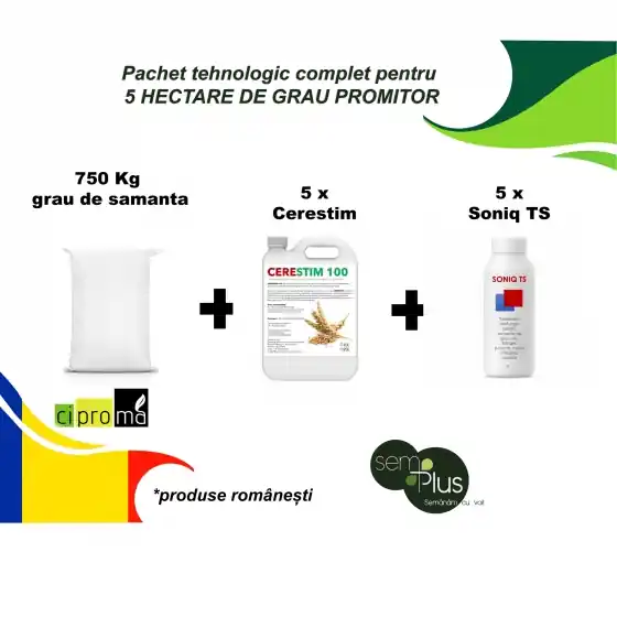 Reduceri Pachet tehnologic complet pentru 5 HECTARE DE GRAU PROMITOR (750 Kg grau de samanta + 50 litri de ingrasamant foliar Cerestim + 5 litri tratament antifungic pentru samanta Soniq