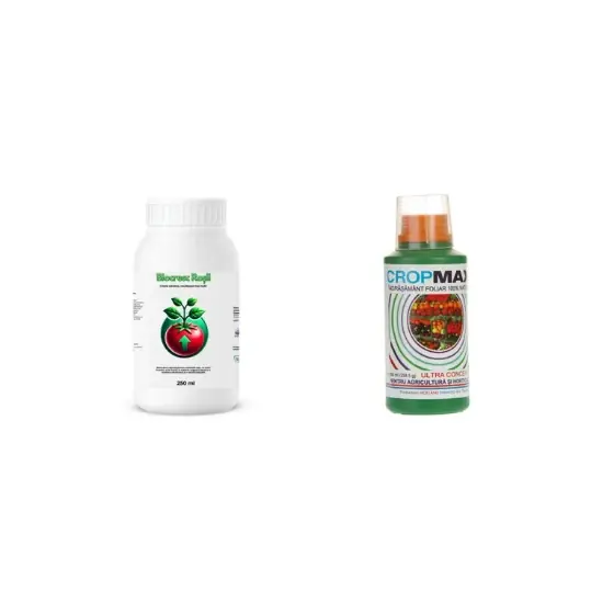 Cel mai vândut Pachet tratament si nutritie tomate/rosii, Stimulator de legare si rodire, Biocresc Rosii, 250 ml + Fertilizant foliar natural, universal Cropmax, 100 ml