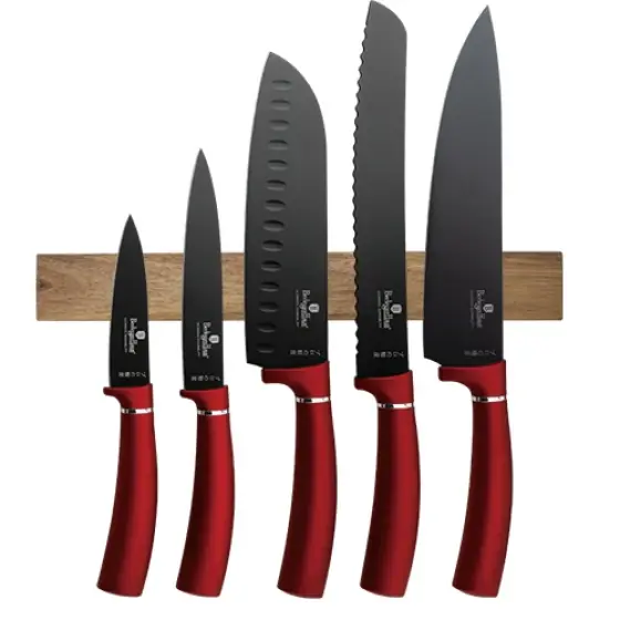 Set 6 piese cuțite cu suport magnetic din lemn de acacia, burgundy - BH/2886 Premium