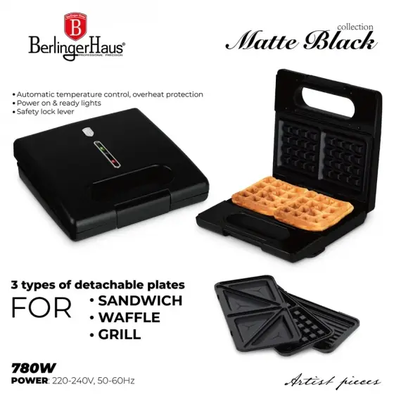 Lichidare de stoc Sandwich maker 3 în 1 cu plăci detașabile, negru mat - BH/9638