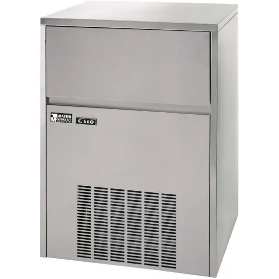 Reducere specială Masina cuburi de gheata, Master Frost & Hendi, otel inoxidabil, 66 kg/24 h, cub forma de clopotel, cu gauri hexagonale / 18 gr, 230 V/720 W, 600x580x(H)840 mm