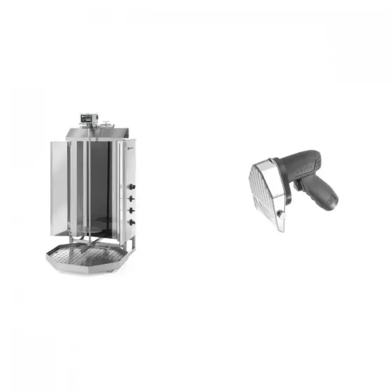 Pachet Kebab grill electric, Hendi, Profi Line, tija 89 cm, pt max 60 kg carne, 400V/7200 W, 550X700X(H)1120 mm plus Cutit electric kebab fara fir, 80W, capacitate lucru 60 kg/ora, Hendi Kitchen Line, 199x114x(H)184 mm Cel mai bun preț