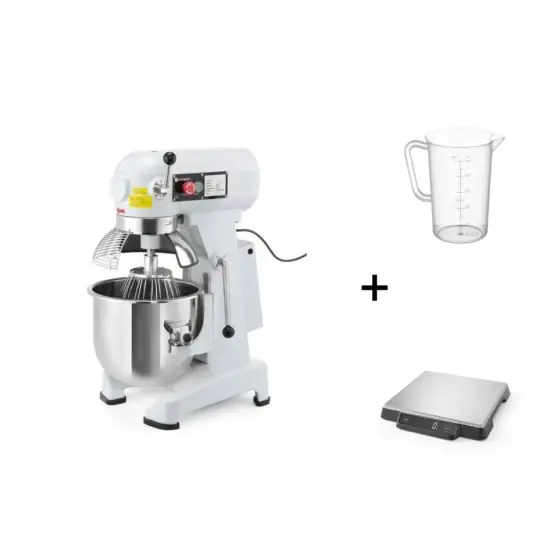 Discount Pachet Mixer planetar spirala cu vas detasabil 3 viteze echipat cu roti pivotante vas, capac si spirala din inox 18/10 HENDI Smart, 20 litri 750 W si accesorii