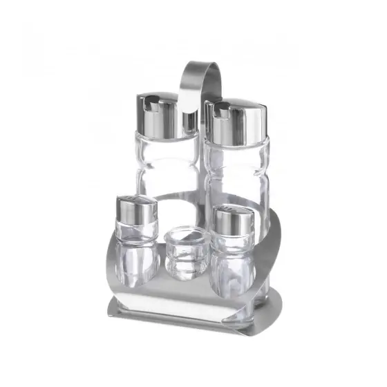 Oliviera solida / Set condimente 5 piese, Hendi, suport inox, recipiente sticla pt sare, piper, scobitori, ulei, otet Disponibil imediat