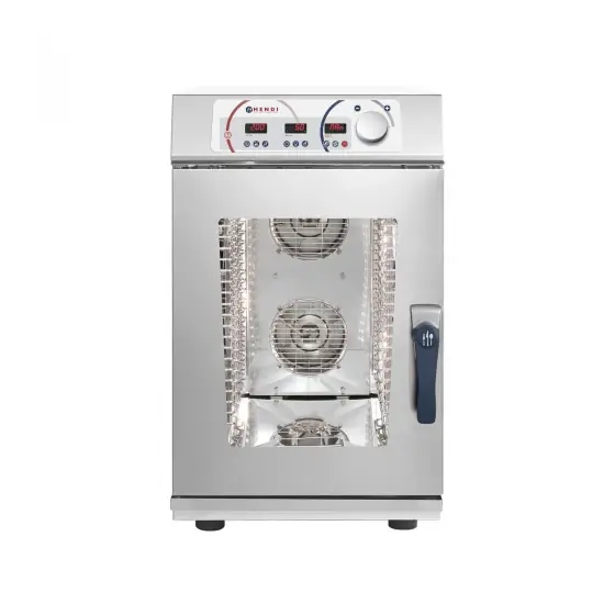 Retur ușor Cuptor convectie cu umidificare, compact HENDI NANO, 2 elemente incalzire, 2 ventilatoare reversibile, termostat reglabil, 50-260 gr C, timer 0 - 120 min, cu sonda si sistem de spalare, 10 tavi x GN 1/1, putere 14000 W