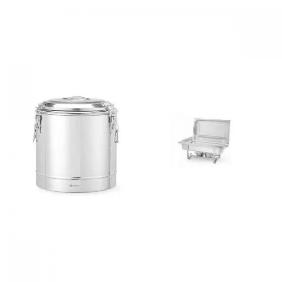 Pachet Container transport alimente,31L, inox, HENDI, Ø400x(H)445mm plus Chafing dish inox GN1/1, contine 2 suporturi combustibil si o tava GN 1/1 65mm, HENDI Smart Reducere de preț