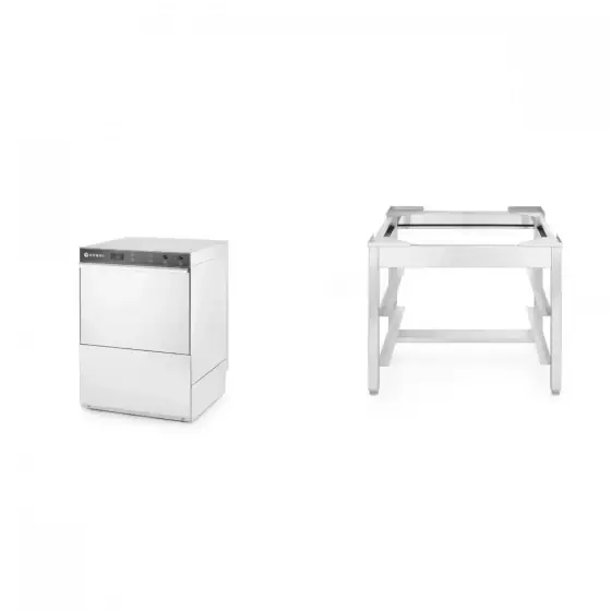 Pachet Masina profesionala de spalat vase K 50 cu pompa de evacuare 50 x 50 control electromecanic 400 W Hendi Inox 570x600(+370)x(H)830 mm plus Suport pentru masina de spalat vase K50 570x560x(H)500MM Ofertă exclusivă