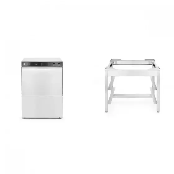 Comandă acum Pachet Masina profesionala de spalat vase K 50 cu pompa de evacuare si detergent 50 x 50 control electromecanic 230 W Hendi Inox 570x600(+370)x(H)830 mm plus Suport pentru masina de spalat vase K50 570x560x(H)500MM