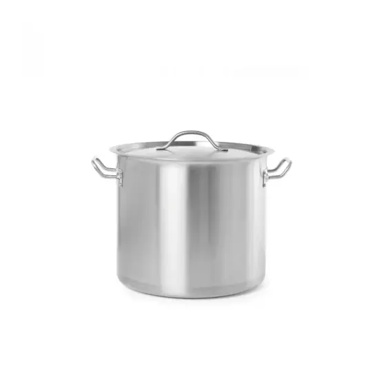 Disponibil imediat Oala medie cu capac, 24 Lit ,36 cm diametru x 24 inaltime, inox18/0 structura solida cu grosime 4 mm, manere nituite dublu, gama Hendi Budget Line