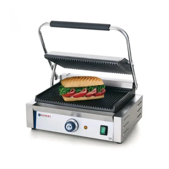Contact grill Panini, profesional, Hendi, 2200W, partea superioara si cea inferioara striate, din fonta cu invelis ceramic, suprafata grill 340 x 230 mm Ofertă exclusivă