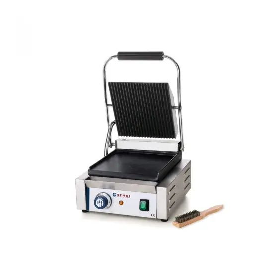 Contact grill profesional, Hendi, 2200W, corp inox, termostat 300 gr C, placi fonta cu invelis ceramic, partea superioara striata / cea inferioara neteda, suprafata grill 34 x 23 cm, 43x37x(H)21 cm Cel mai bun preț