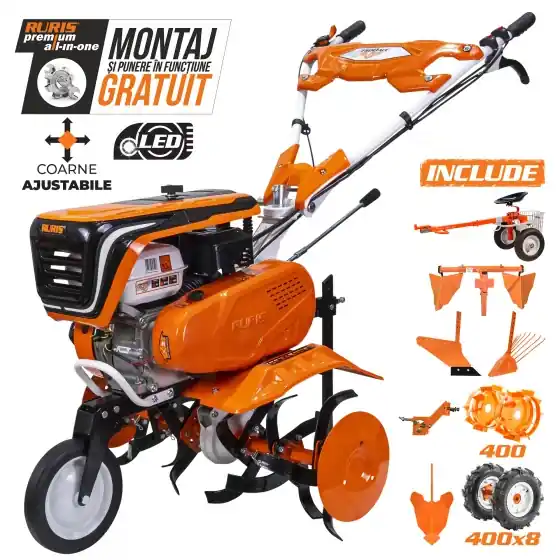 Motosapa Ruris 7500ACC, 7 CP, cu roti cauciuc 4.00-8, rarita, plug, dispozitiv cartofi si roti metalice Preț promoțional