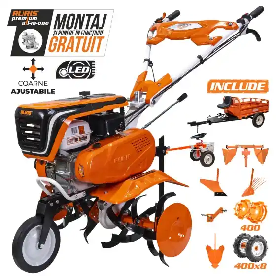 Motosapă RURIS 7500ACC, cu roți de cauciuc 4.00-8, rariță ajustabilă, plug, adaptor, dispozitiv scos cartofi, cultivator multifuncțional, accesoriu tractat, roți metalice 400 (fără manicot) și remorcă RURIS 550S Mai ieftin